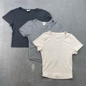 3 Pack Bozzolo Women Small Multicolor Ribbed Short Sleeve Crop Top T-Shirt